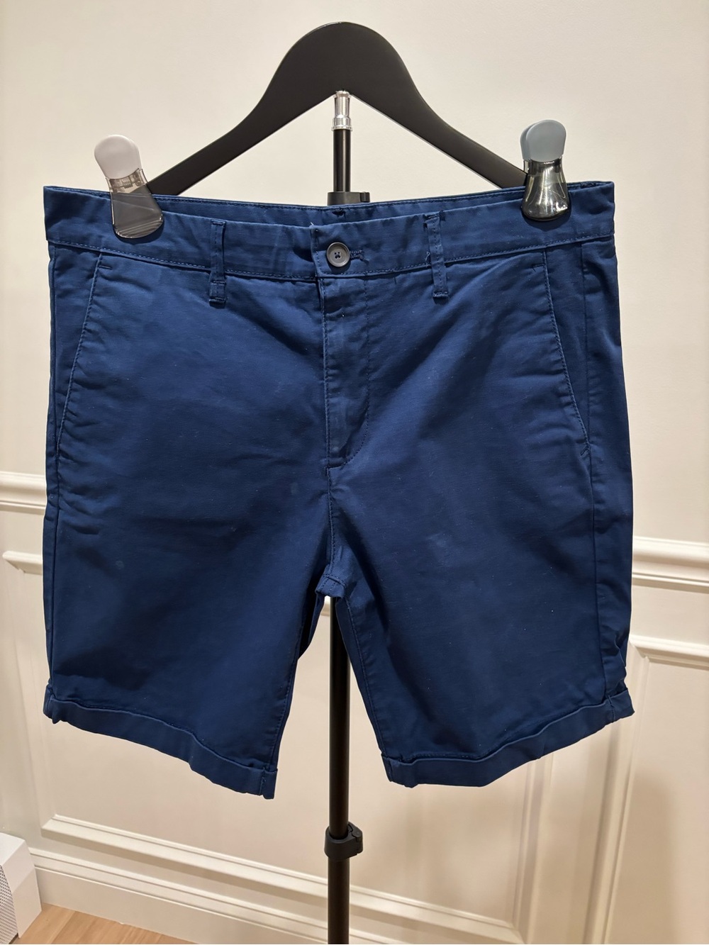 Zara Deep Blue Flat-Front Cotton Chino Shorts, SIZE 32
